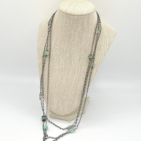 Sterling Silver Clasp Green Gemstone Station Necklace Multi-Strand Artisan Boho - Picture 1 of 8